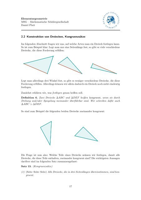 Skript zum Thema Elementargeometrie - Mathematik und ihre Didaktik