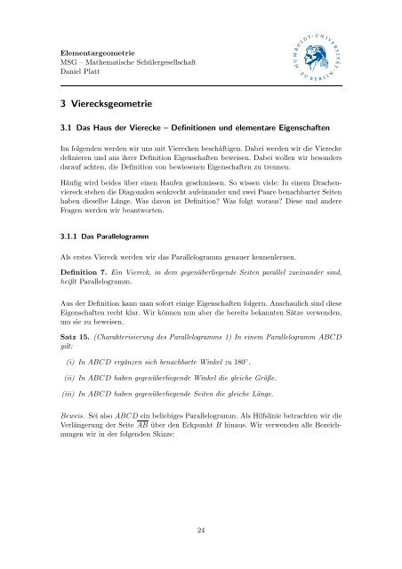 Skript zum Thema Elementargeometrie - Mathematik und ihre Didaktik