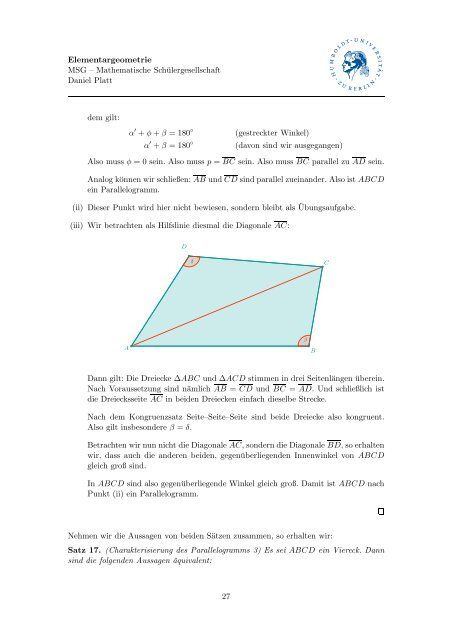 Skript zum Thema Elementargeometrie - Mathematik und ihre Didaktik