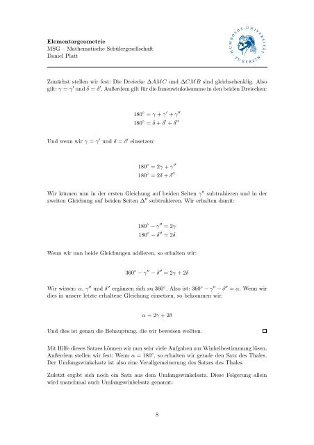 Skript zum Thema Elementargeometrie - Mathematik und ihre Didaktik