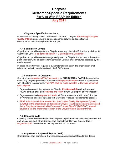 Chrysler Customer Specific Requirements For Use With Ppap 4th