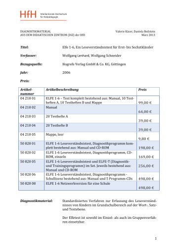 Elfe 1-6, Ein LeseverstÃ¤ndnistest fÃ¼r Erst - HfH