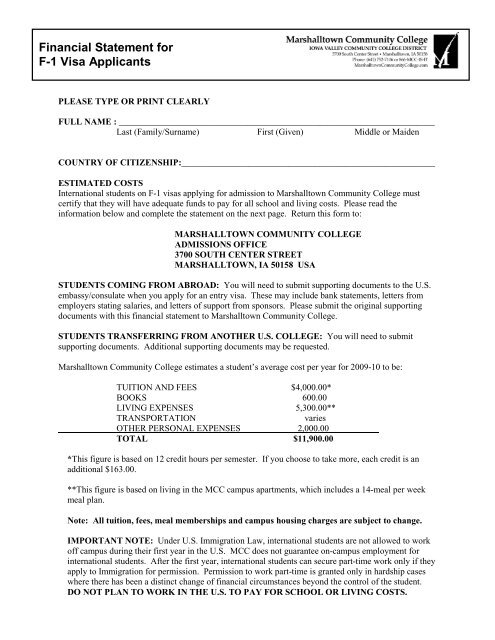 Student Financial Statement - Iowa Valley Community College District