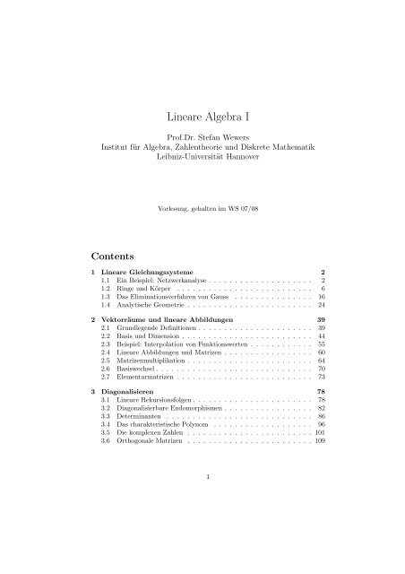 Lineare Algebra I - Institut für Algebra, Zahlentheorie und Diskrete ...