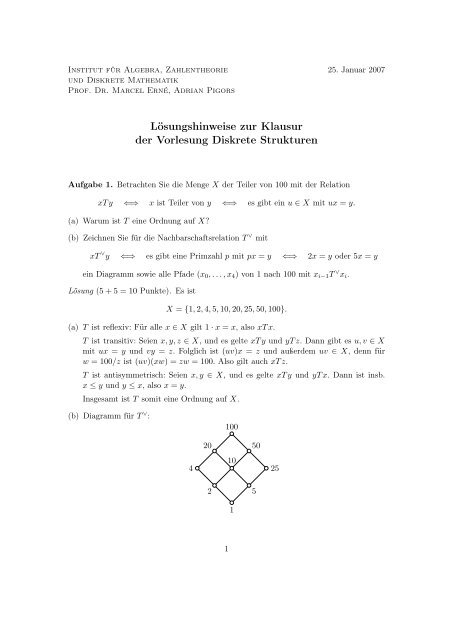 Lösungshinweise zur Klausur der Vorlesung Diskrete Strukturen