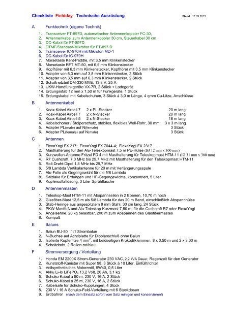 Checkliste Fieldday Technische AusrÃ¼stung A Funktechnik (eigene ...