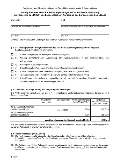 Mustervertrag Externes Ausbildungs Management