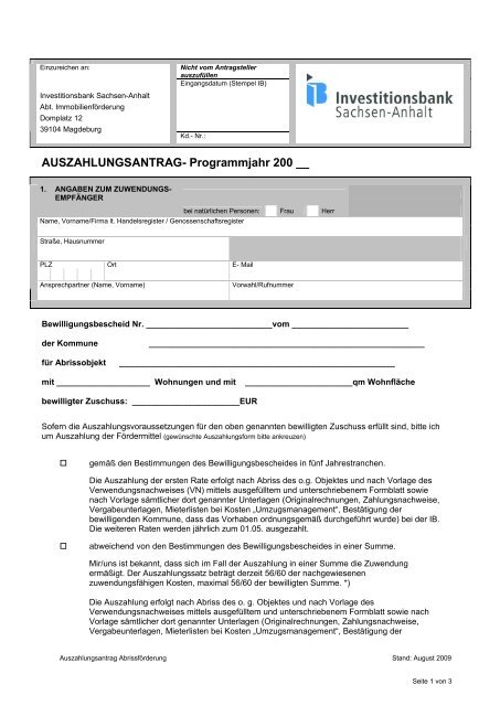 Auszahlungsantrag - Investitionsbank Sachsen-Anhalt