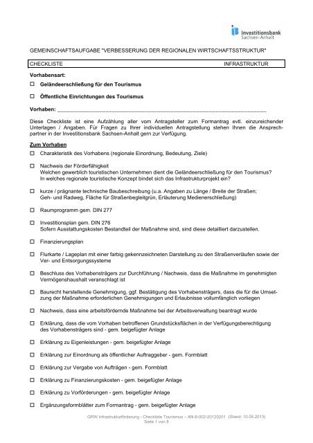 Checkliste Tourismus - Investitionsbank Sachsen-Anhalt