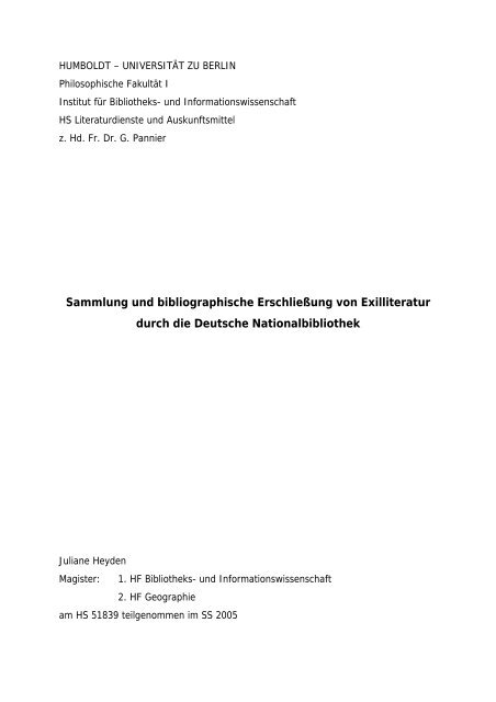 Sammlung und bibliographische ErschlieÃung von Exilliteratur ...