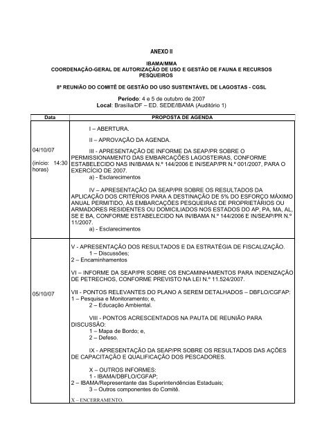 8Âª ReuniÃ£o OrdinÃ¡ria CGSL - Outubro/2007 (pdf) - Ibama