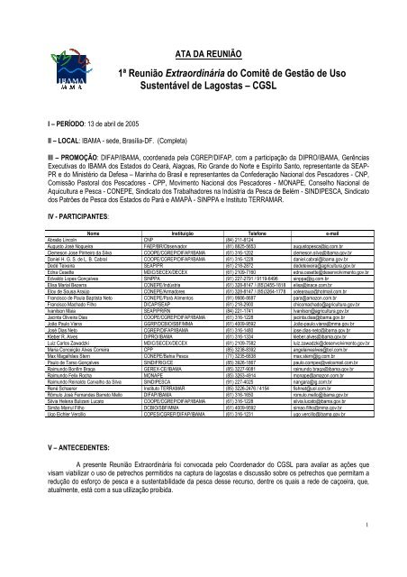1Âª ReuniÃ£o ExtraordinÃ¡ria CGSL - Abril/2005 (pdf) - Ibama