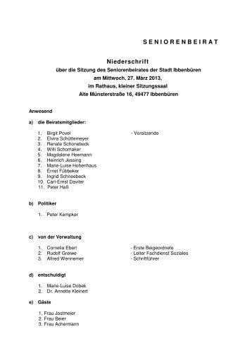 S E N I O R E N B E I R A T Niederschrift - Stadt Ibbenbüren