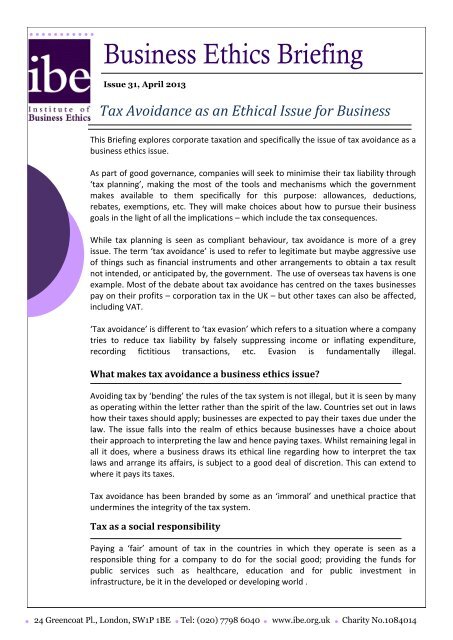Tax Avoidance as an Ethical Issue for Business - Institute of ...