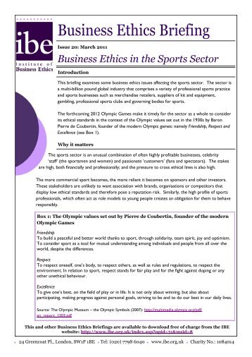 Business Ethics in the Sports Sector, 2011 - Institute of Business Ethics