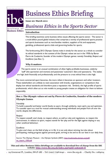 Business Ethics in the Sports Sector, 2011 - Institute of Business Ethics
