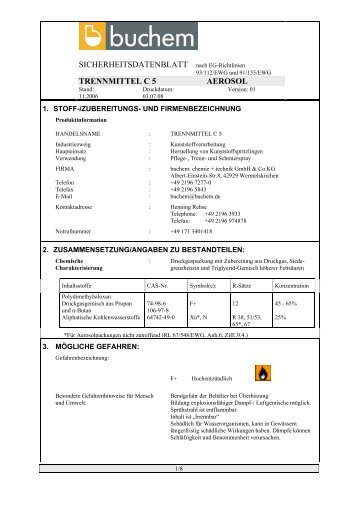 SICHERHEITSDATENBLATT nach Eg-Richtlinien TRENNMITTEL C 5