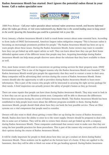 Radon Awareness Month has started. Don't ignore the potential radon threat in your home. Call a radon specialist now