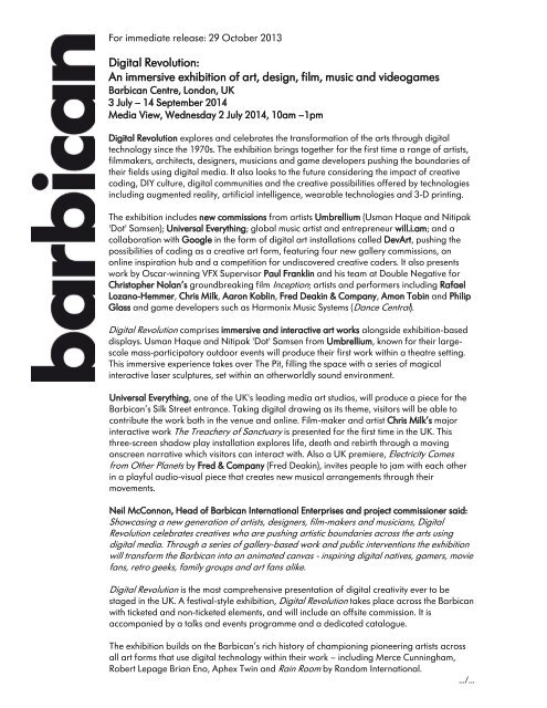 Digital Revolution press release - Barbican