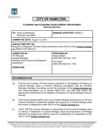 Under Part IV of the Ontario Heritage Act ... - City of Hamilton