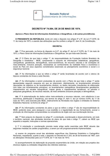 Decreto 74.084, de 20/05/1974 (PDF, 36Kb) - IBGE