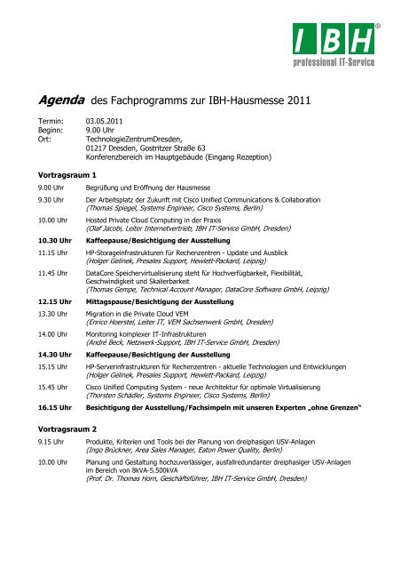 Agenda des Fachprogramms zur IBH-Hausmesse 2011