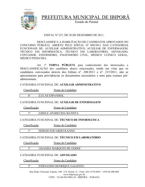 EDITAL 227/2011 - Desclassifica Candidatos - Prefeitura Municipal ...