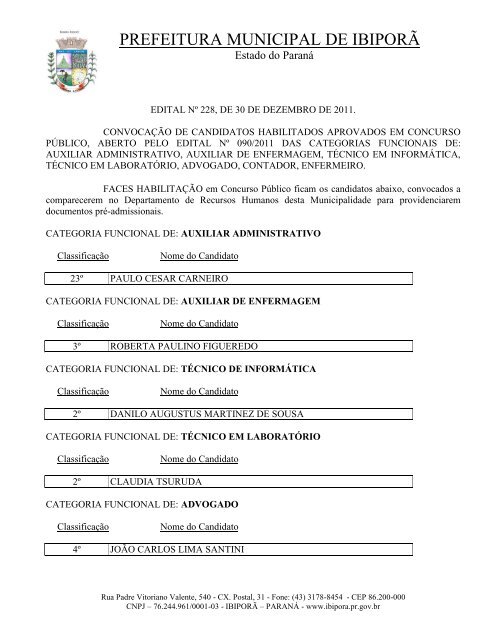 EDITAL 228/2011 - Convoca Candidatos - Prefeitura Municipal de ...