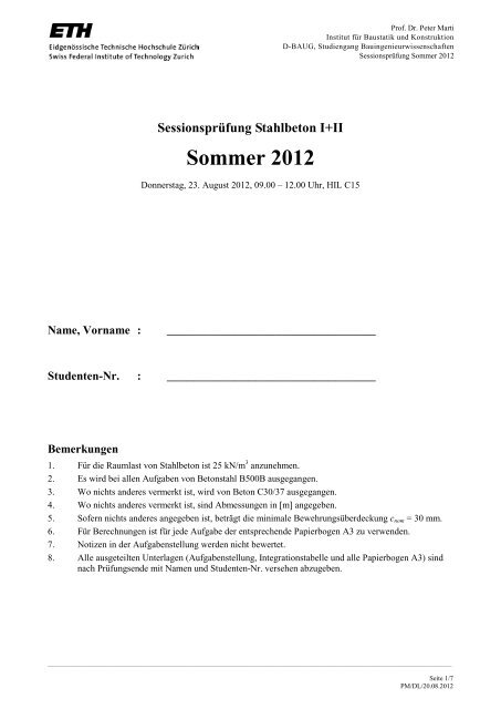 Prüfung Sommer 2012 - Institut für Baustatik und Konstruktion