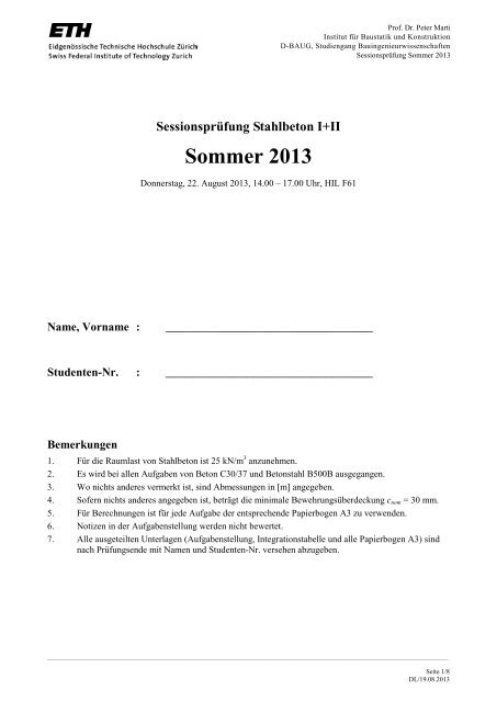 PrÃ¼fung Sommer 2013 - Institut fÃ¼r Baustatik und Konstruktion