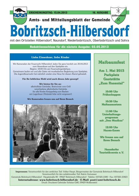 Amts- und Mitteilungsblatt der Gemeinde Maibaumfest ... - Hilbersdorf