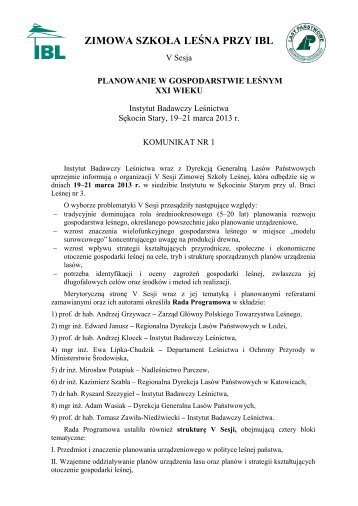I ZIMOWA SZKOŁA LEŚNA PRZY IBL - Instytut Badawczy Leśnictwa