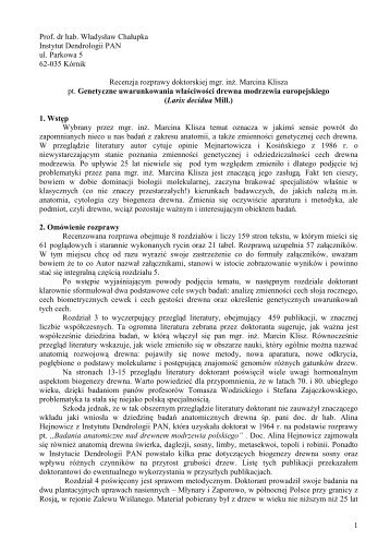 1 Prof. dr hab. Władysław Chałupka Instytut Dendrologii PAN ul ...