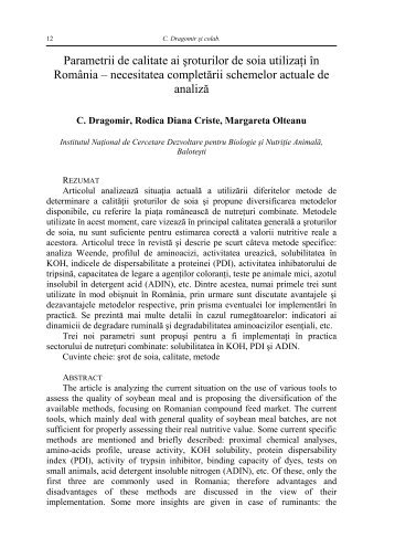 Parametrii de calitate ai sroturilor de soia utilizati in Romania - IBNA