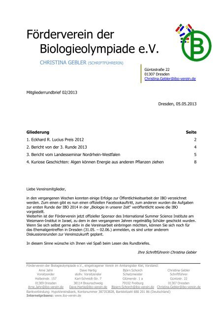 Rundbrief - FÃ¶rderverein der Internationalen BiologieOlympiade eV