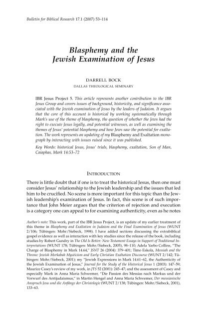 Blasphemy and the Jewish Examination of Jesus - Institute for ...