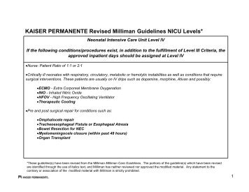 KAISER PERMANENTE Revised Milliman Guidelines NICU Levels*