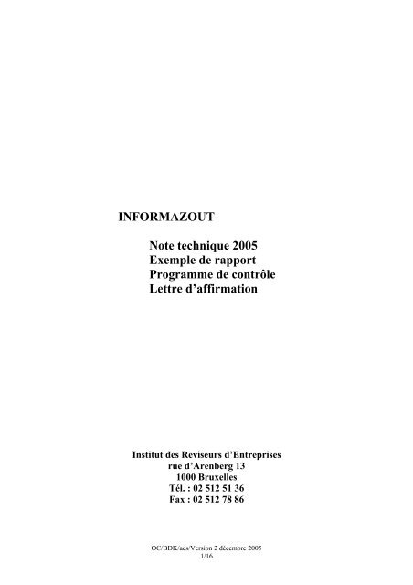 INFORMAZOUT Note technique 2005 Exemple de rapport ... - IBR