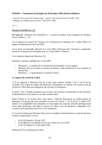 1/4 0330/06/F âCommission de discipline du 18 dÃ©cembre 2009 - IBR