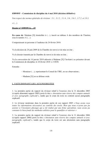 1/8 0389/09/F âCommission de discipline du 4 mai 2010 ... - IBR
