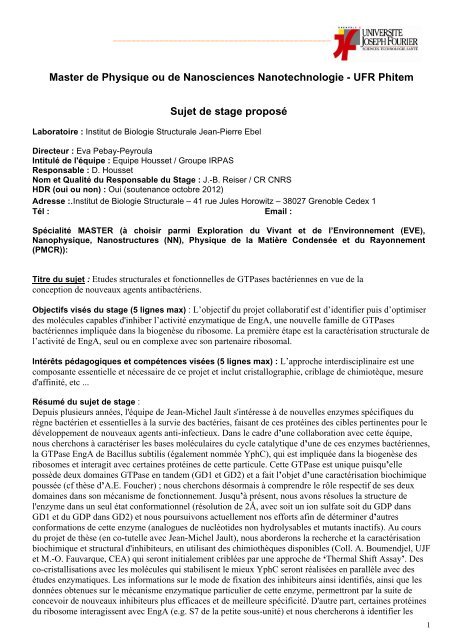 Master de Physique ou de Nanosciences Nanotechnologie - UFR ...