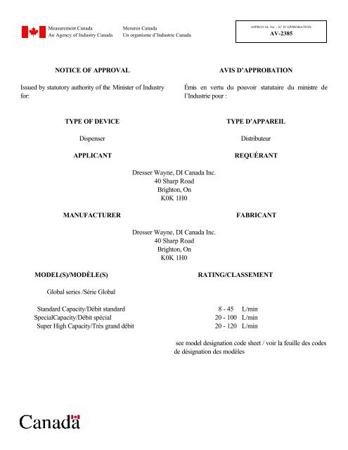 AV-2385 Dresser Wayne DI Canada Inc. (Tokeim ... - Industrie Canada