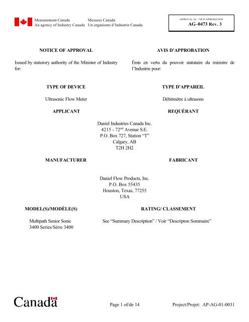 AG-0473 Daniel Industries Inc. Flow Meters ... - Industrie Canada