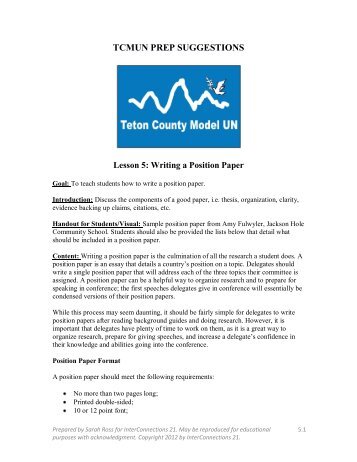 Lesson 5: Writing a Position Paper - InterConnections 21
