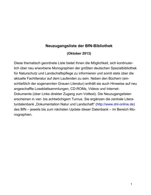 Neuzugangsliste Oktober 2013 der Bibliothek des BfN