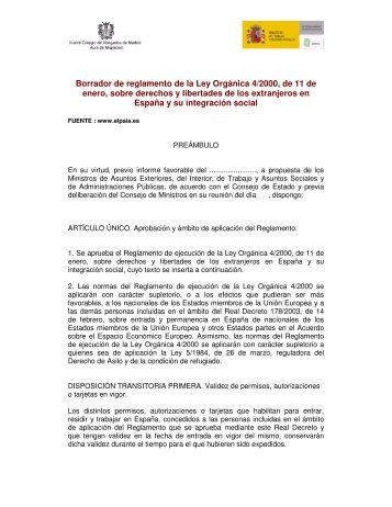 Borrador de reglamento de la Ley OrgÃ¡nica 4/2000, de 11 de enero ...