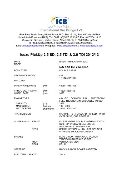 Isuzu PickUp 2.5 SD, 2.5 TDI & 3.0 TDI 2012/13 - ICB - International ...