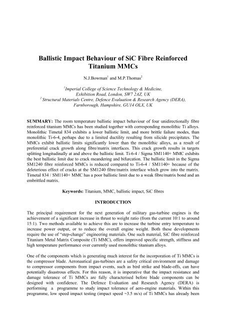 Ballistic Impact Behaviour of SiC Fibre Reinforced Titanium ... - ICCM