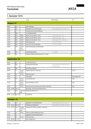 Terminkalender 2013/2014 - Alte Kantonsschule Aarau