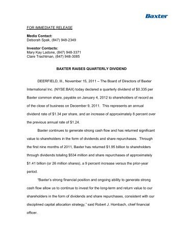 FOR IMMEDIATE RELEASE Media Contact: Deborah Spak ... - Baxter